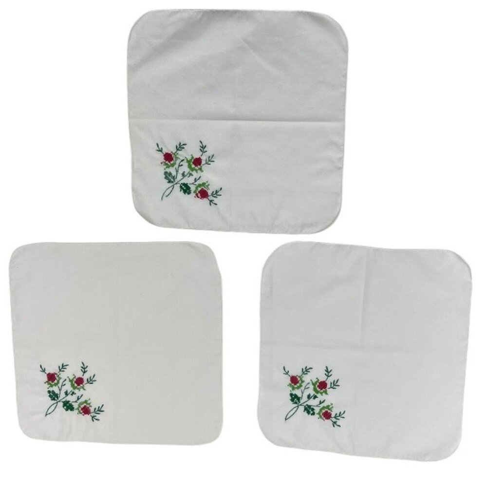 Napkins / Handkerchiefs (3) White Cotton Floral Handsewn Embroidery Crosstitch